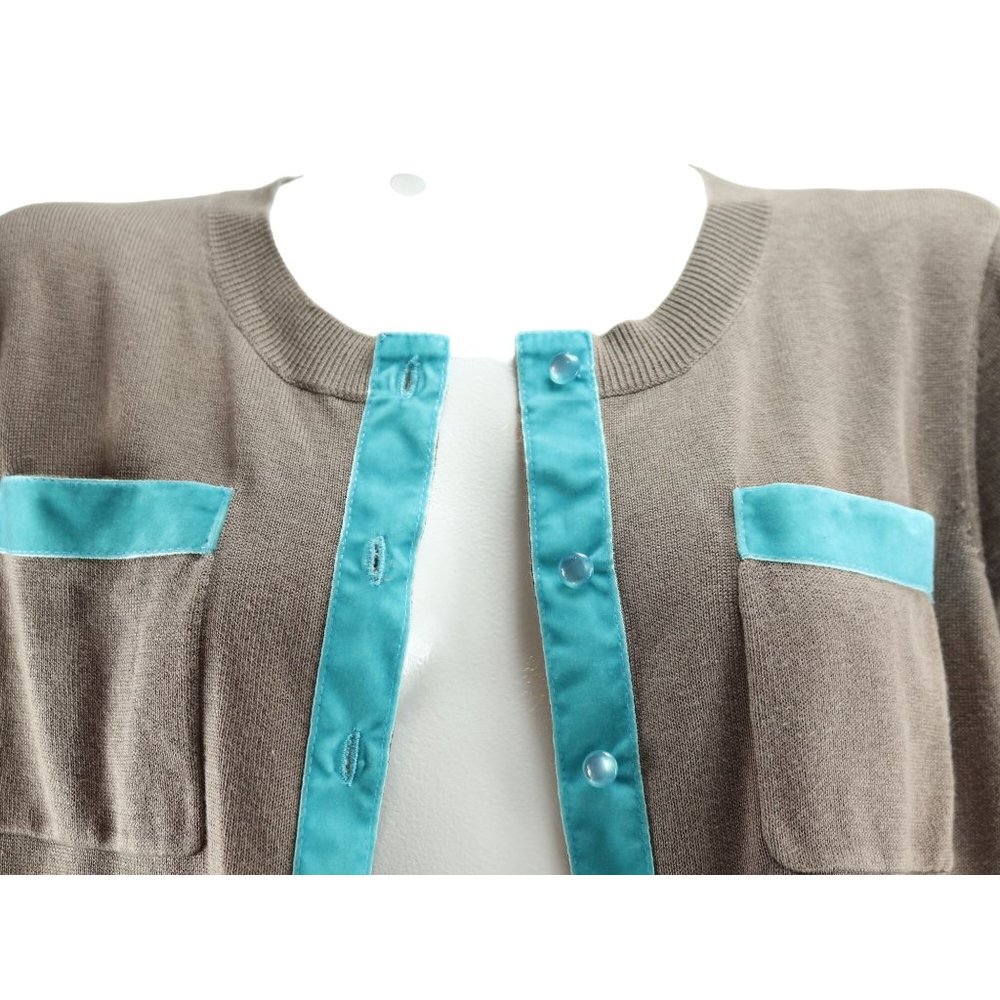 Linea Louis Dell'Olio Cardigan Sweater Mocha Turquoise Velvet Trim Large L